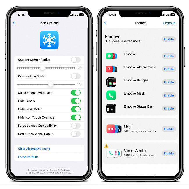 Two iPhone screens showing the SnowBoard tweak settings interface on iOS 15.