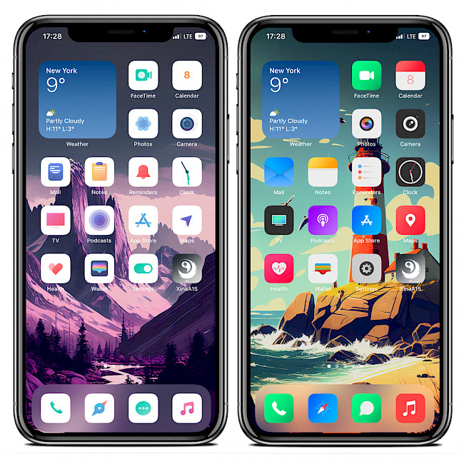 Two iPhone screens showing new icon theme on Home Screen loaded with SnowBoard tweak on iOS 15.