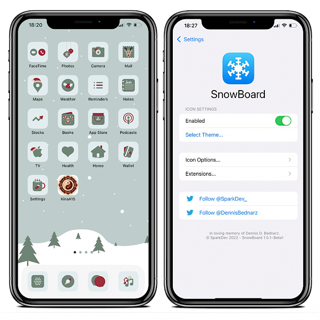 Two iPhone XS Max screens showing SnowBoard tweak running on iOS 15 with XinaA15 Jailbreak.