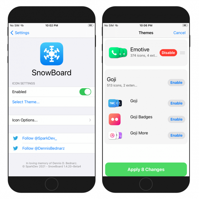Two iPhone screens showing the SnowBoard tweak settings interface on iOS.