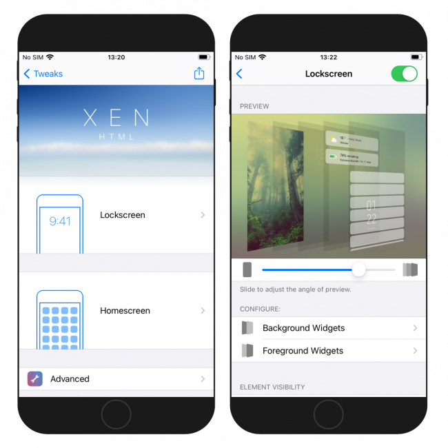 Two iPhone screens showing the Xen HTML tweak interface on iOS.