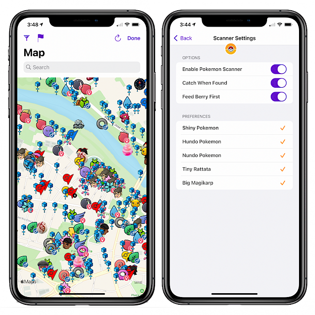 Two iPhone screens showing SpooferX Pokemon GO app screenshots.