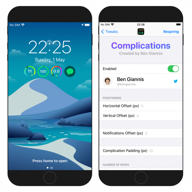 Two iPhone screens showing the Complications tweak on Lock Screen and Complications Settings pane.