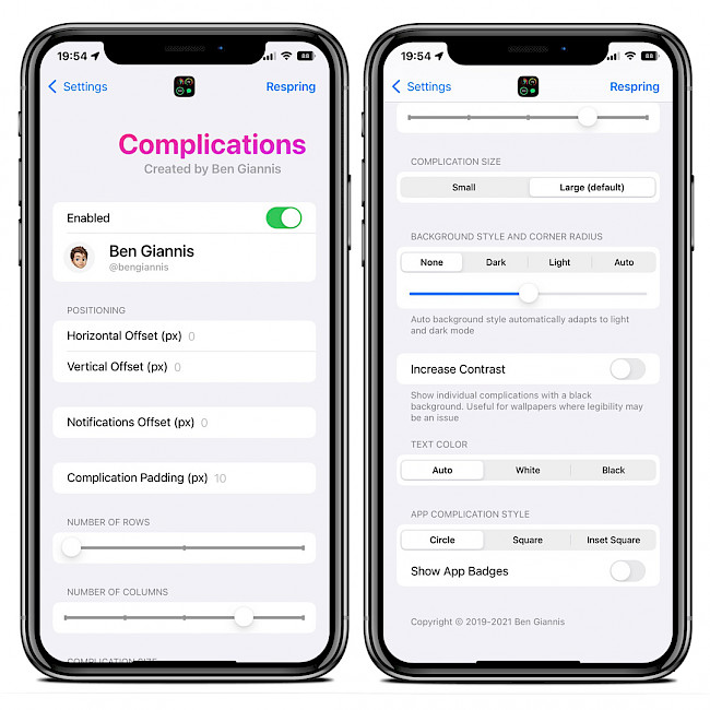 Two iPhone screens showing the Complications preference pane in the Settings app.