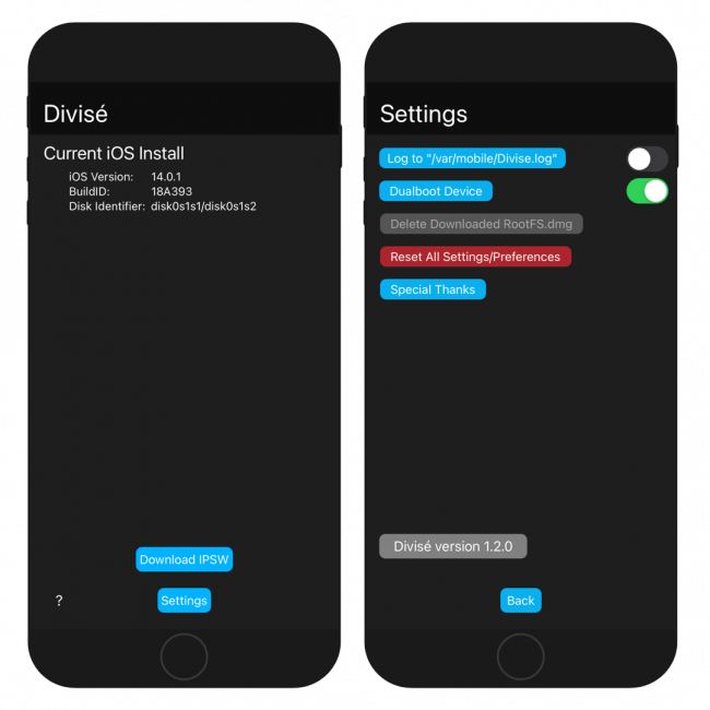 Two iPhone screens showing Divise app main interface and Settings page.