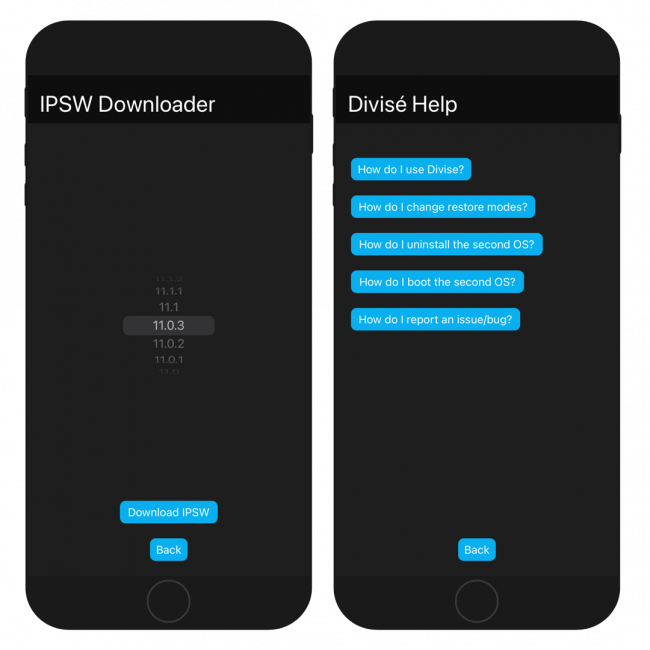 Two iPhone screens showing the Divise app IPSW Downlaoder and Divise Help.