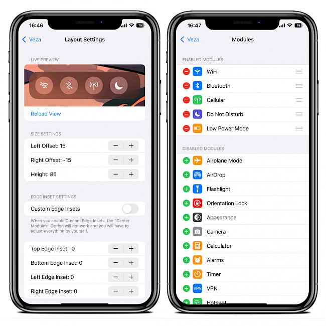 Two iPhone screens showing the Veza tweak configuration pane in settings app and available modules.