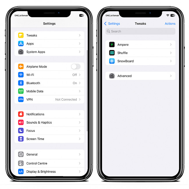 Two iPhone screens showing reorganised Settings app on iOS 15.