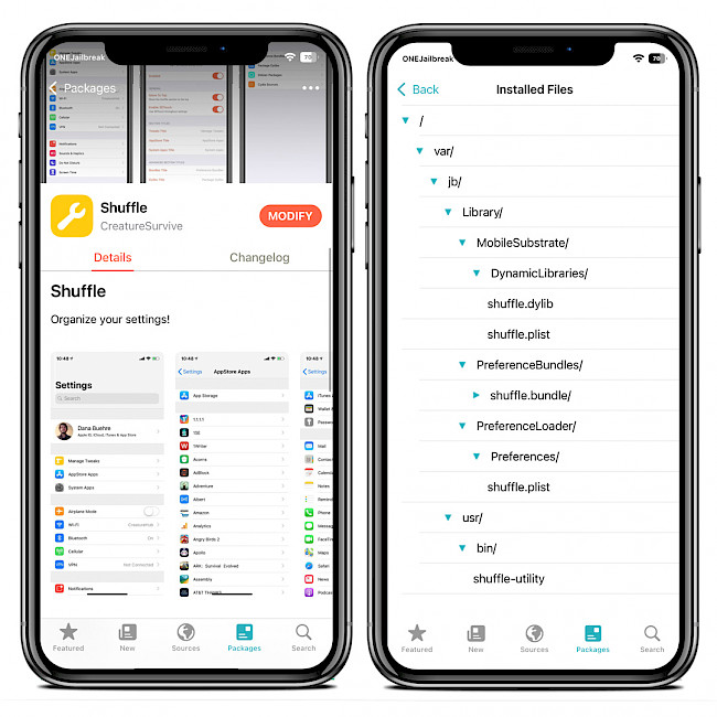 Screenshot of Sileo app showing Shuffle Repo and installed files on iOS 15.