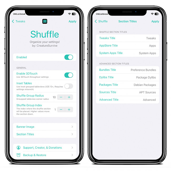 Two iPhone screens showing Shuffle tweak preferences.