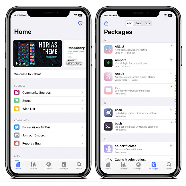 Two iPhone screens showing Zebra app on iOS 15.