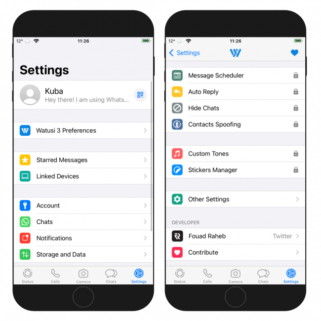 Two iPhone screens showing Settings options of the Watusi 3 for WhatsApp tweak.
