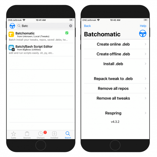 Two iPhone screens showing Batchomatic running inside Cydia app.