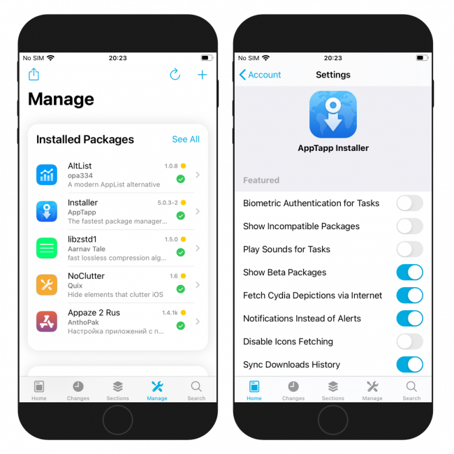 Two iPhone screens showing the Installer 5 Settings and Manage pages.