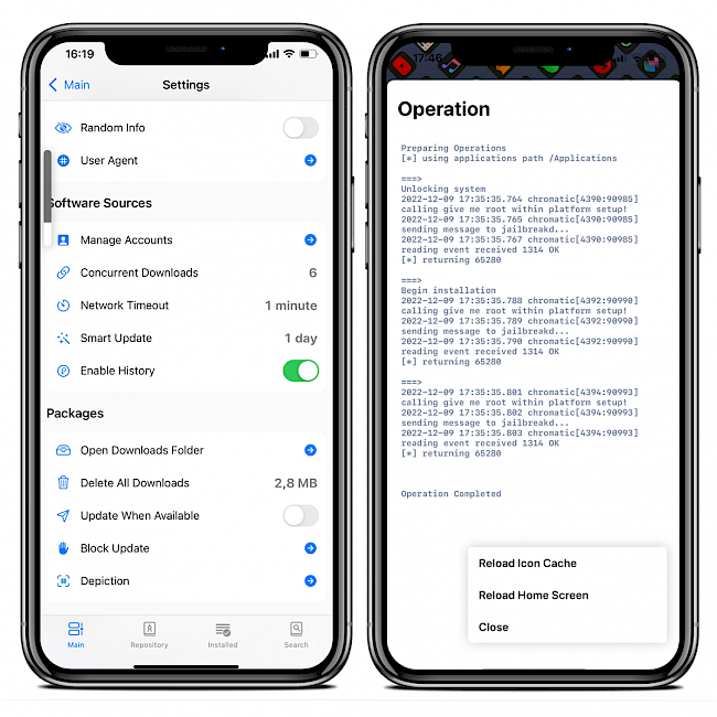 Two iPhone screens showing Saily Settings page and installing DEB package log on iOS 15.