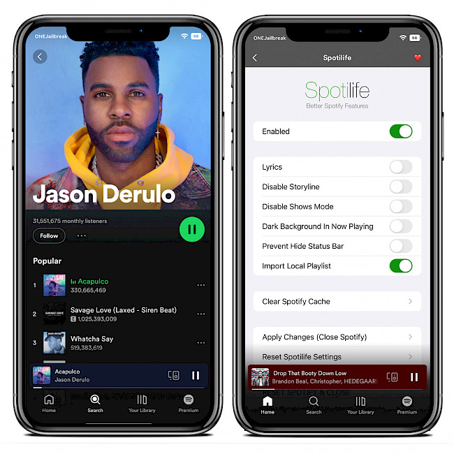 Two iPhone screens showing the Spotilife tweak installed in Spotify app.