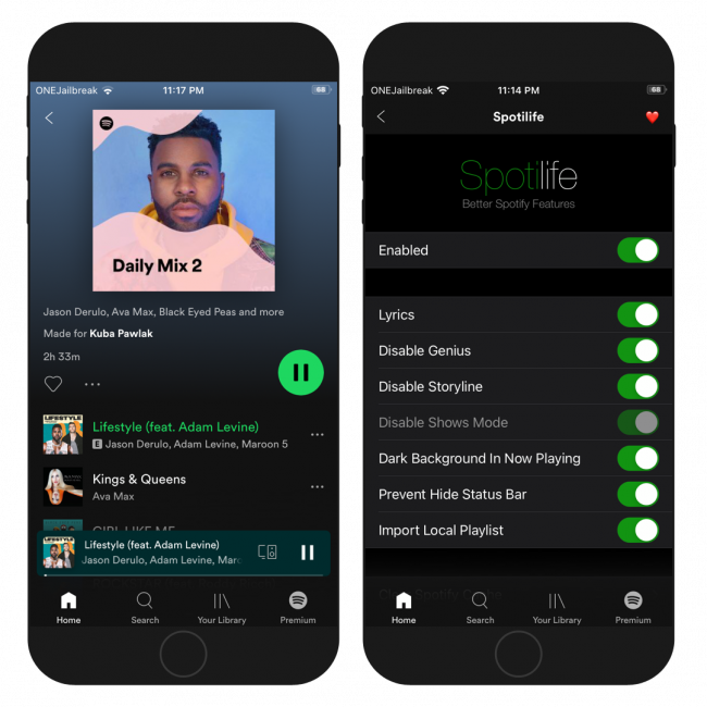 Two iPhone screens showing the Spotilife tweak installed in Spotify app.