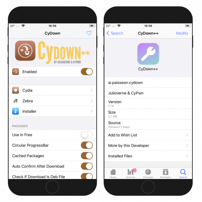 Two I\phone screens showing the CyDown++ tweak preferences and CyDown++ Repo.