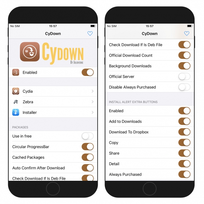 Two iPhone screens showing the CyDown tweak preference page on iOS 14.