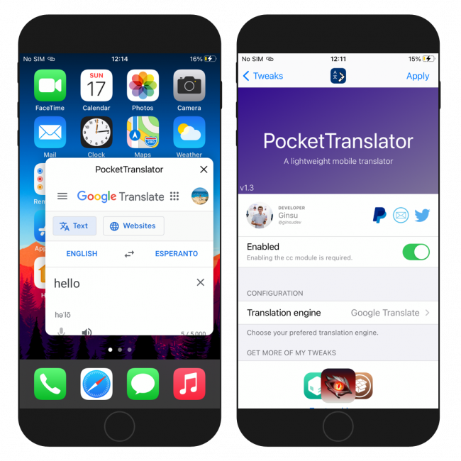 Two iPhone screens showing the Pocket Translator tweak settings and app running on Home Screen.