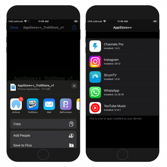 Two iPhone screens showing AppStore++ installed with TrollStore without jailbreak on iOS 15.