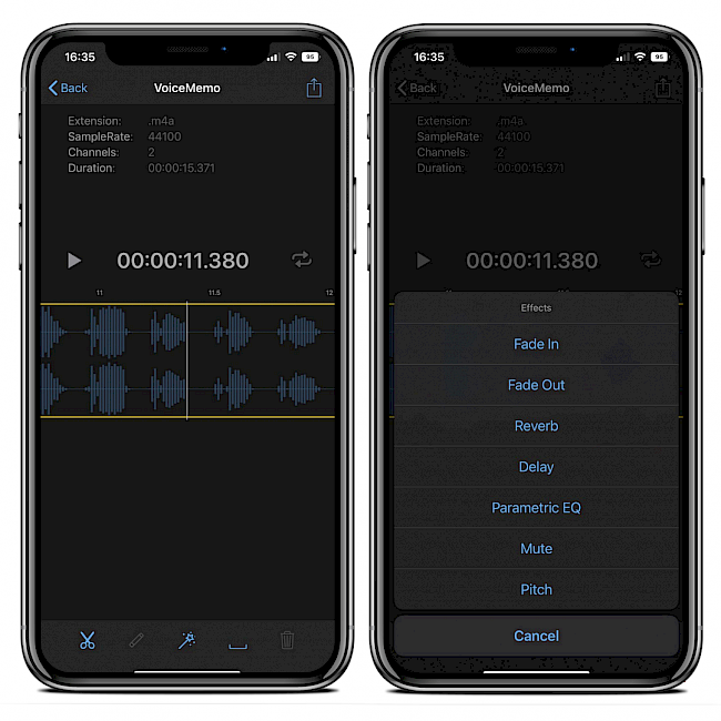 Two iPhone screens showing Audio Recorder XS built-in audio editor tools and effects.