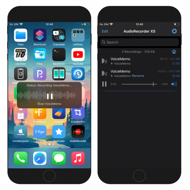 Two iPhone screens showing the AudioRecorder XS app interface and voice memo recording widget.