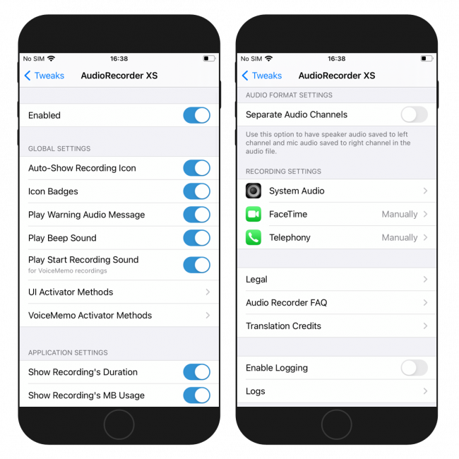 Two iPhone screens showing the AudioRecorder XS settings options.