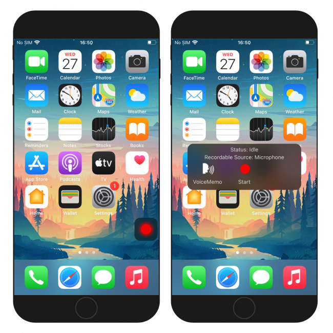 Two iPhone screens showing Audio Recorder XS recording button and recording source on the Home Screen.