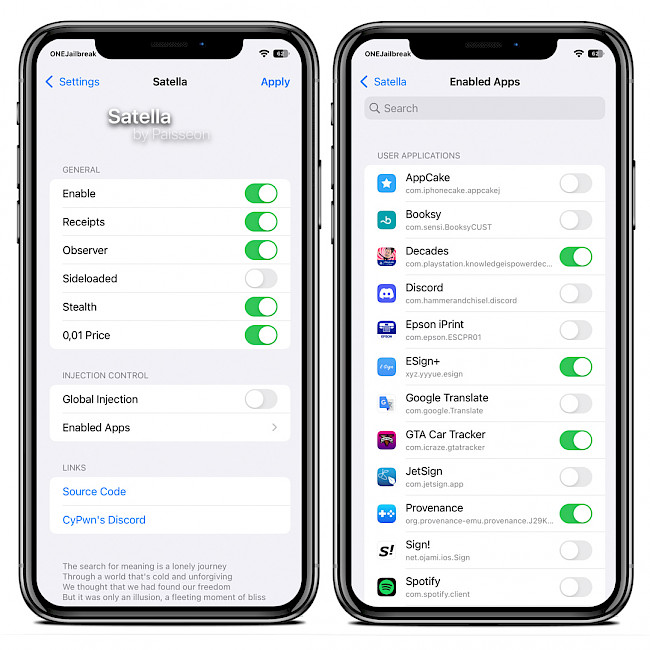 Two iPhone screens showing the Satella 2 tweak configuration pages on iOS 15.