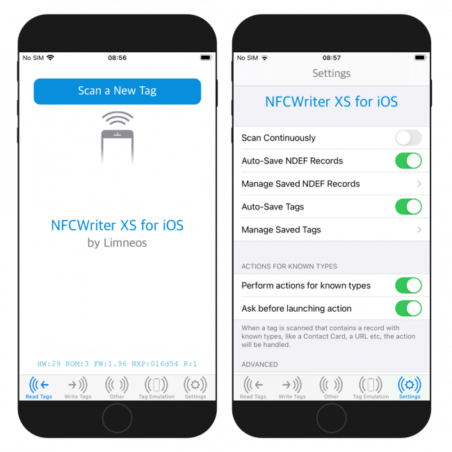 Two iPhone screens showing NFCWriter XS on iOS.