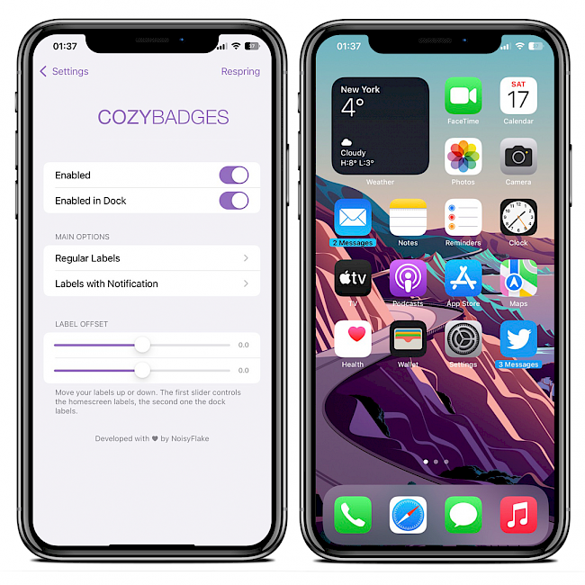 Two iPhone 11 screens showing CozyBadges tweak running on XinaA15 Jailbreak.