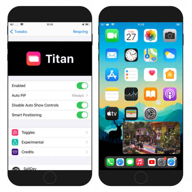 Two iPhone screens showing the Titan Tweak settings and Video in PiP mode on Home Screen.