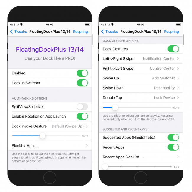 Two iPhone screens showing the FloatingDockPlus 13/14 tweak preference page in Settings app.