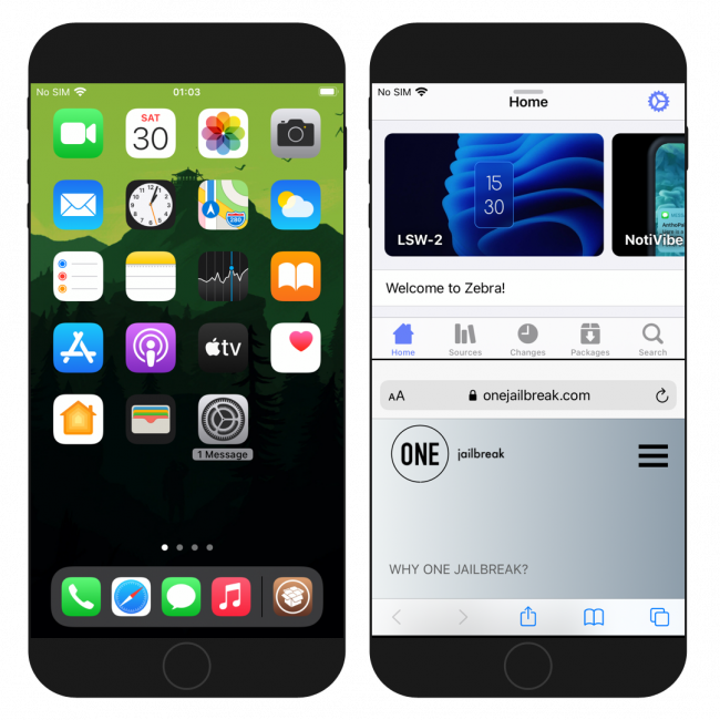 Two iPhone screens showing the FloatingDockPlus tweak Dock and SplitView features.