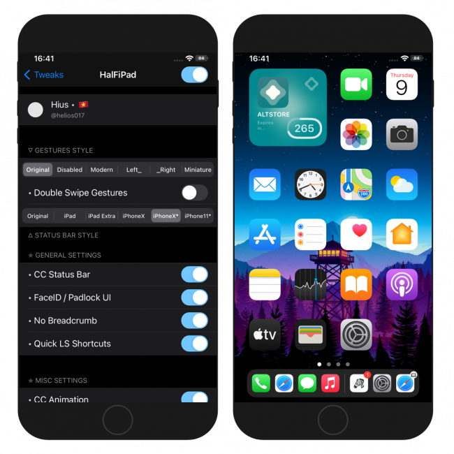 Two iPhone screens showing the HalFiPad tweak settings page and applied effect on Home Screen.
