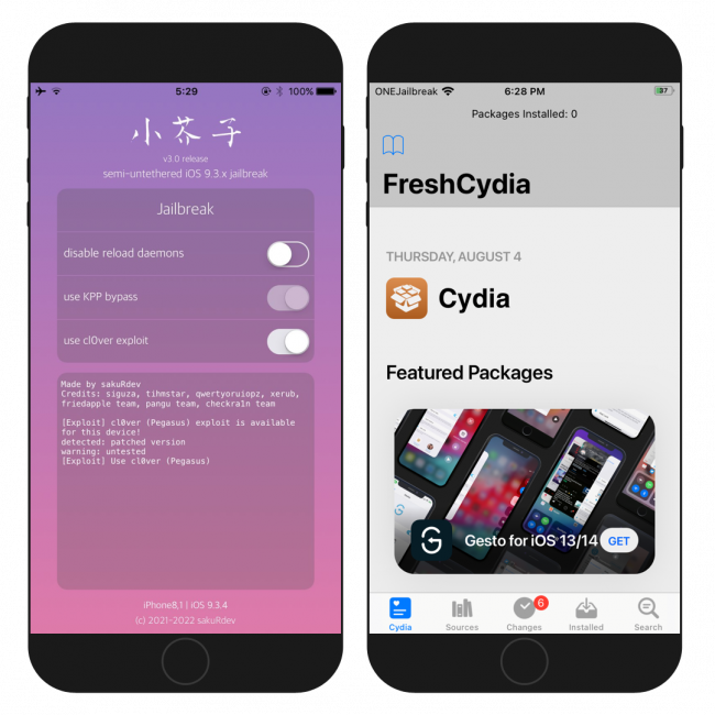 Two iPhone screens showing the kok3shi jailbreak app interface and Cydia app running on iOS 9.