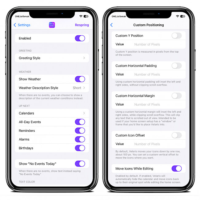 Two iPhone screens showing Velaris tweak preferences on iOS 15.