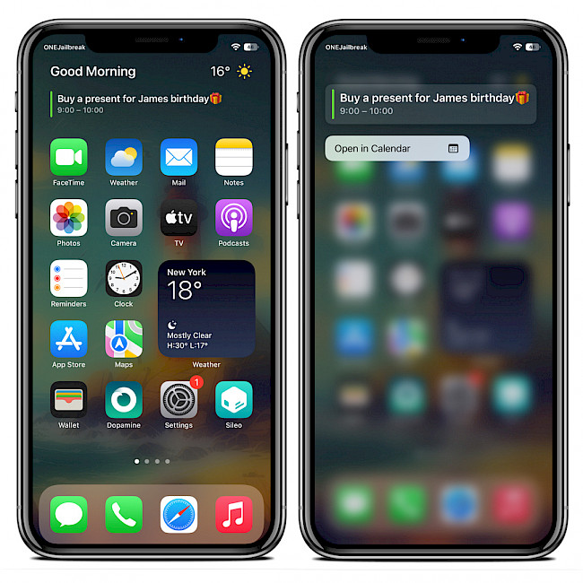 Two iPhone screens showing Velaris tweak on Home Screen.