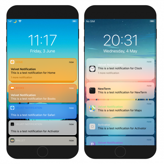 Two iPhone screens showing Velvet tweak notification examples on iOS 14 Lock Screen.