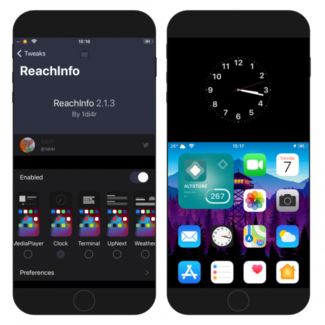 Two iPhone screens showing the ReachInfo tweak's settings and a clock in reachability space.