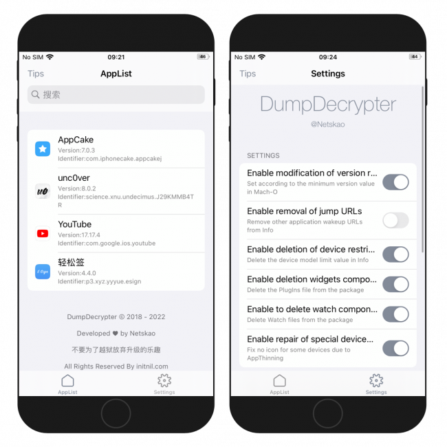 Two iPhone screens showing the DumpDecrypter app interface and settings screen on iOS 14.