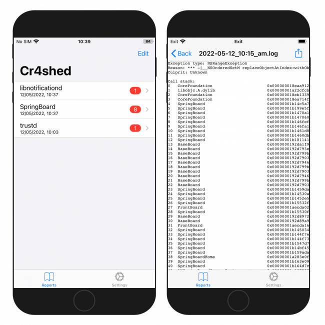 Two iPhone screens showing Cr4shed app interface and log file running on iOS.