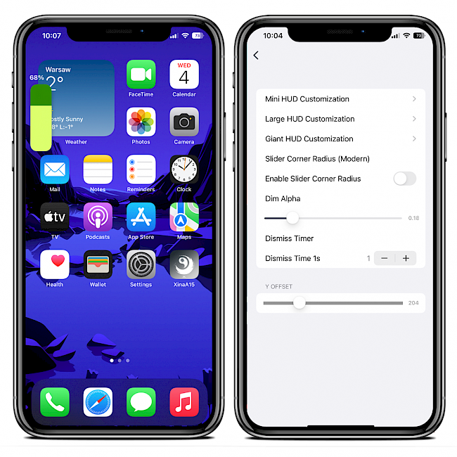 Two iPhone screens showing VolVibes HUD customisation options and a green HUD on Home Screen.