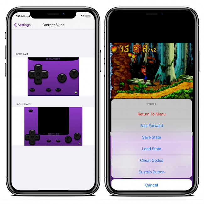 Two iPhone screens showing GBA4iOS skins and other features.