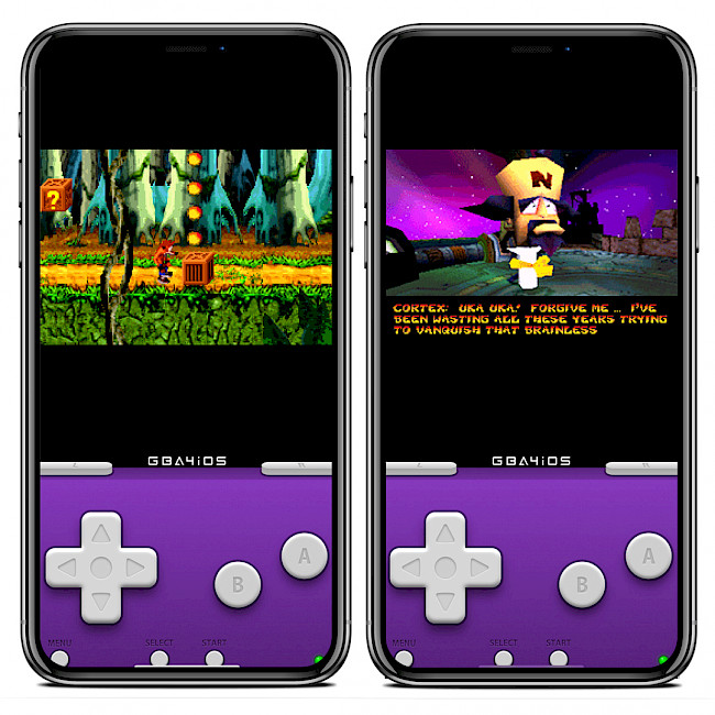 Two iPhone screens showing GBA4iOS running on iOS 15.