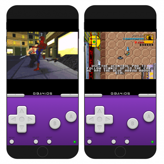 Two iPhone screens showing the GBA4iOS running Spider-Man and GTA on iOS.
