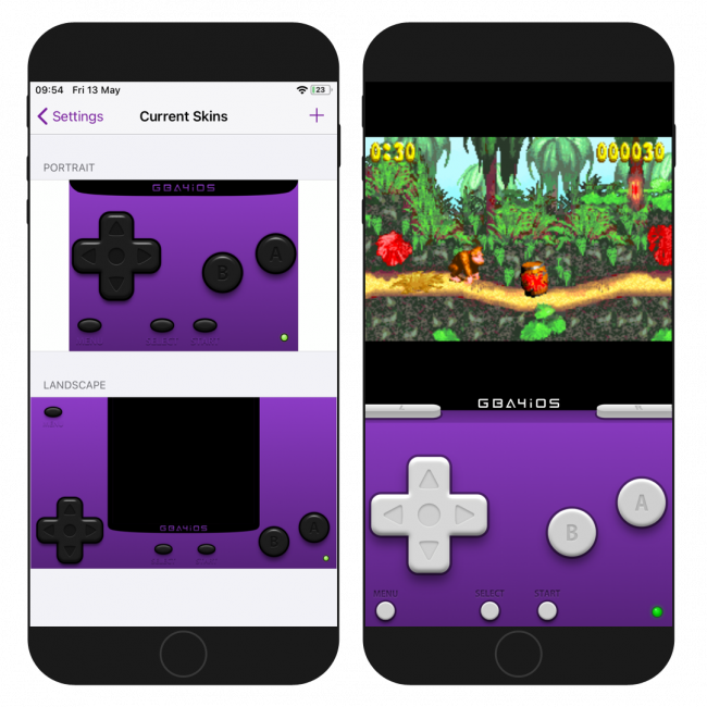Two iPhone screens showing the GBA4iOS current skins in portrait and landscape modes on iPhone.