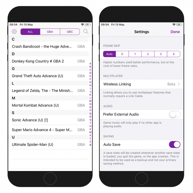 Two iPhone screens showing the Settings page and List of installed GBA rooms in GBA4iOS.