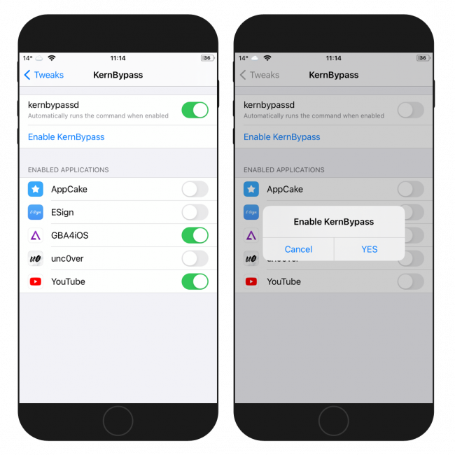 Two iPhone screens showing the KernBypass tweak preference pane on iOS 14